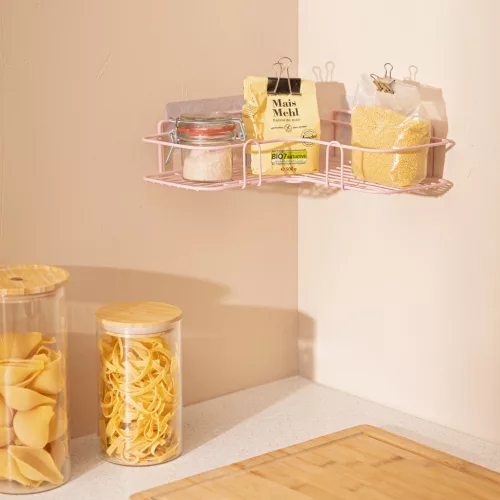 Set 2 rafturi colt dus Navaris, autoadezive, 26.5x26.5x7 cm, max 3 kg/polita, roz, metal