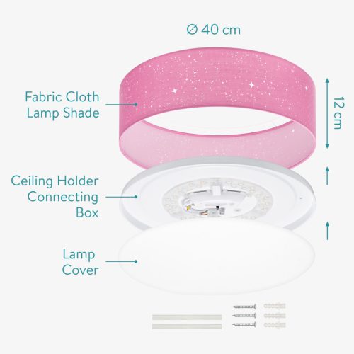 Plafoniera LED Navaris cu efect de stele, rotunda, 40 cm, telecomanda, 22 W, roz, textil/metal