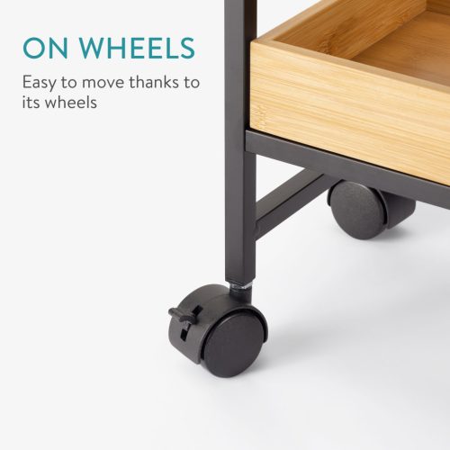 Raft baie Navaris cu roti, 3 rafturi, 27x18x82 cm, mobil si ingust, maro/negru, bambus