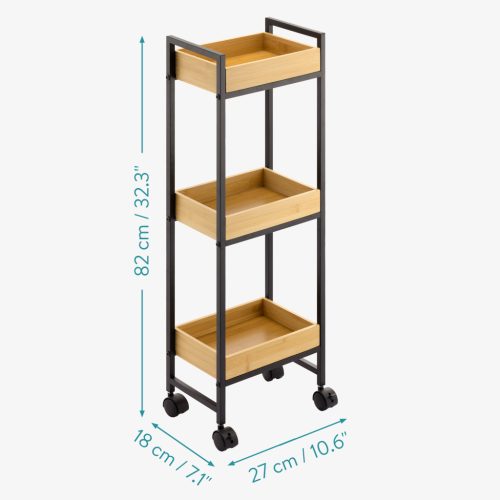Raft baie Navaris cu roti, 3 rafturi, 27x18x82 cm, mobil si ingust, maro/negru, bambus