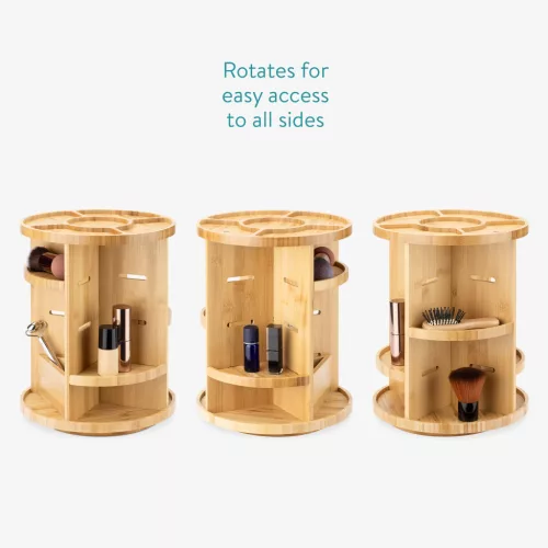 Organizator machiaj rotativ Navaris, 25x30.5 cm, 4 compartimente, 360, maro, bambus