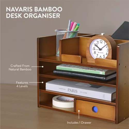 Organizator birou cu sertare Navaris, 33x24x26 cm, pentru documente si papetarie, maro, bambus