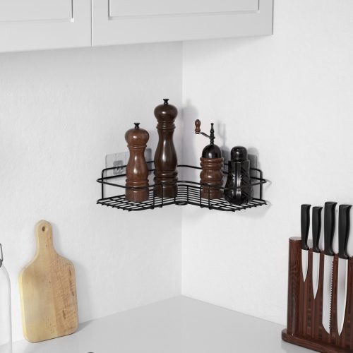 Set 2 rafturi dus colt Navaris, autoadezive, 26.5x26.5x7 cm, negru, metal