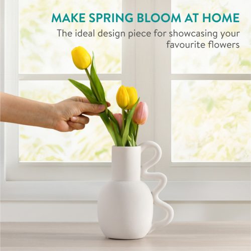 Vaza pitcher sculpturala Navaris, 15.5x11x19 cm, cu maner, dolomit, alb, plastic