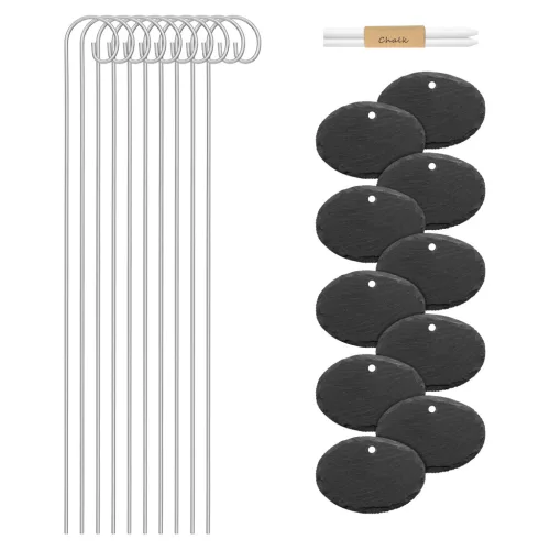 Set 10 Etichete din ardezie Navaris cu 10 Stalpi din metal si creta, 4x2,75 inch, 53850.03
