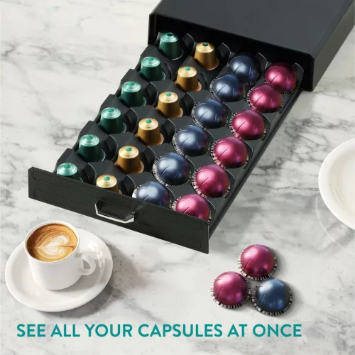 Suport capsule Vertuo Navaris, sertar 43x23.6x5.8 cm, acces rapid, negru, plastic