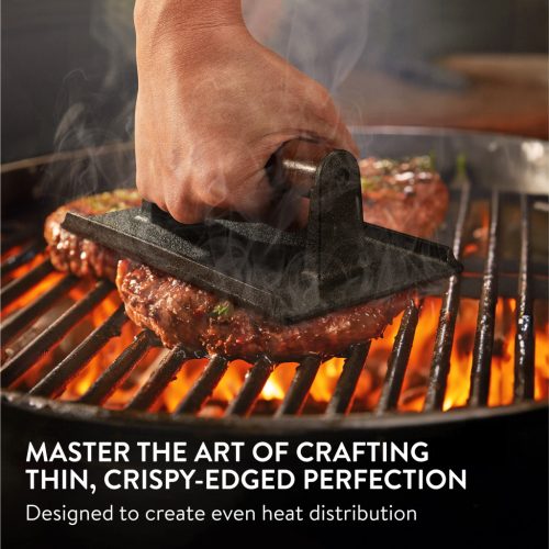 Presa burger Navaris dreptunghiulara, 21x11x6.5 cm, maner din lemn, grill & bacon press, negru, lemn