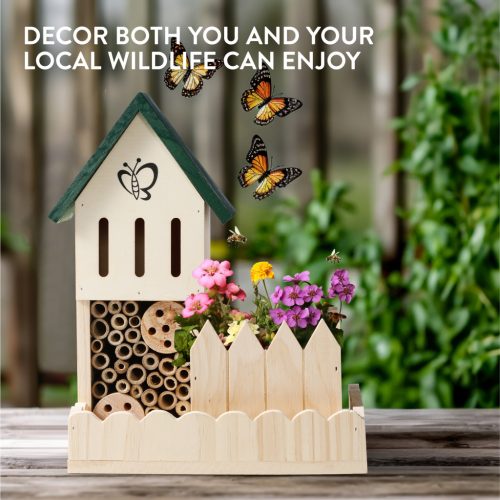 Hotel pentru insecte Navaris, cu ghiveci pentru flori, din lemn si bambus, NAV000025VF001C