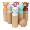 Set bowling animale din lemn Navaris, 6 popice + bila, 13.6x4 cm, geanta textila, multicolor, lemn