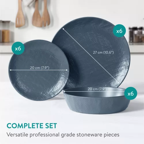 Set 18 piese vesela Navaris, 6 persoane, 27 cm, farfurii si boluri, albastru, Ceramica/ceramica