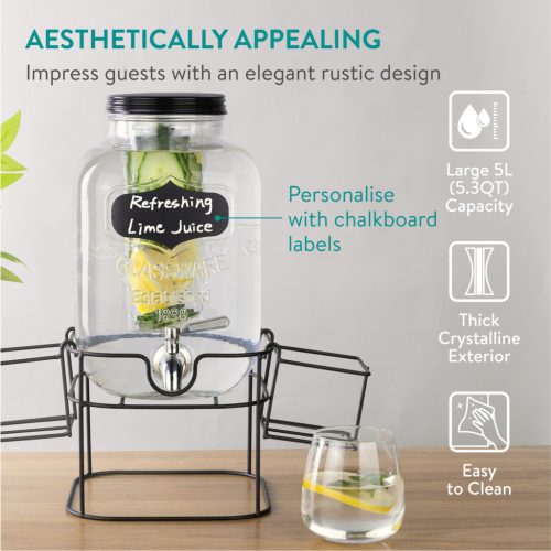 Dozator bauturi Navaris cu suport metalic negru si suport pahare, 5L, NAV000017KN002C