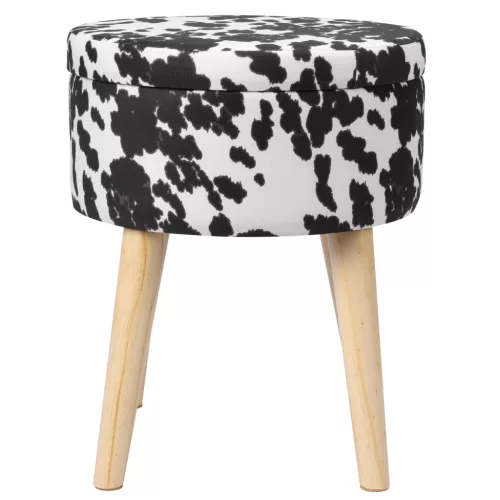 Taburet cu depozitare Navaris, imprimeu cow print, 35x35x42 cm, capac capitonat, alb/negru, plastic