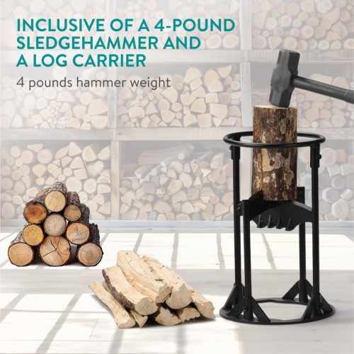 Set accesorii seminee Navaris, despicator lemne cu ciocan si carrier, 20x20x38 cm, maro, otel