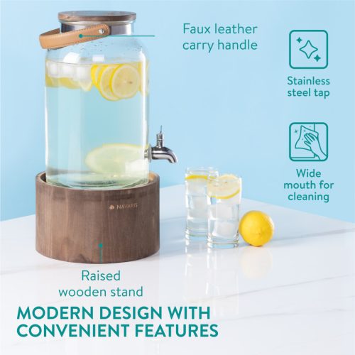 Dozator bauturi Navaris, 5.6L, cu maner piele si suport lemn, robinet inox, NAV000017YH002C