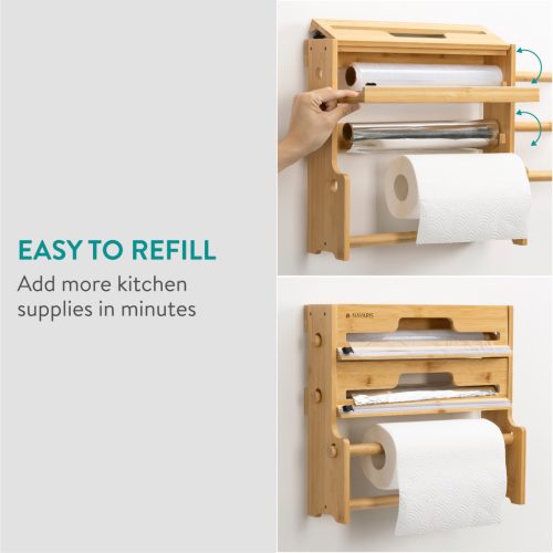 Dispenser 3 in 1 folie si hartie Navaris, suport folie + cutter, montaj pe blat/perete, negru, hartie