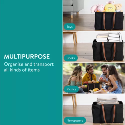 Set 2 cosuri rufe pliabile Navaris, 37 L, manere laterale si snur, 43x31x28 cm, negru, textil