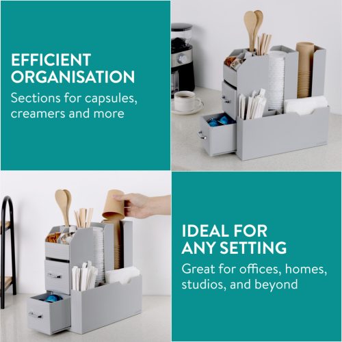Organizator accesorii cafea Navaris, cu sertare, 31.5x13.7x28.7 cm, HIPS, gri, plastic