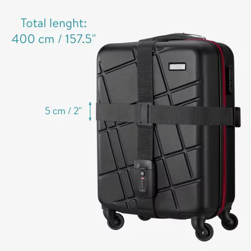 Ζώνη αποσκευών Navaris με λουκέτο και ετικέτα ID, ρυθμιζόμενο μήκος 400x5 εκ., μαύρο, 51357.01