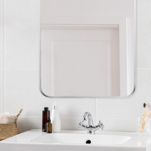 Oglinda de perete Navaris, arcuita, 45x80 cm, montaj usor, argintiu, aluminiu/sticla