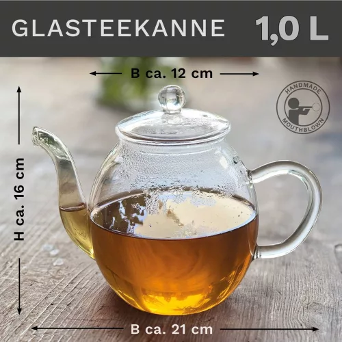 Ceainic din sticla Creano, 1 L, 3 piese, cu infuzor din inox, capac, anti-picurare