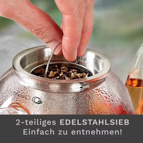 Ceainic din sticla Creano, 1 L, 3 piese, cu infuzor din inox, capac, anti-picurare