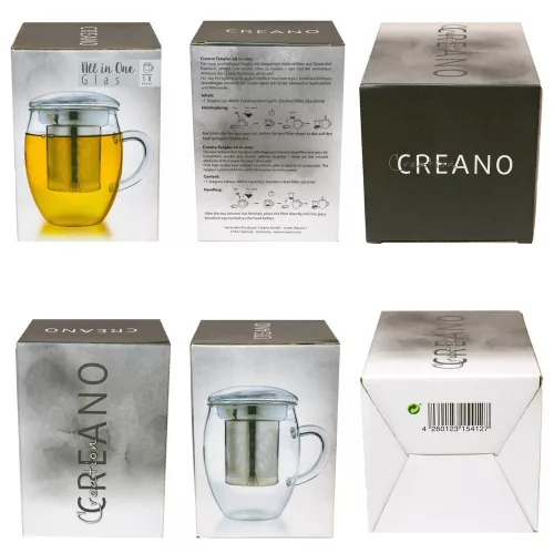 Pahar pentru ceai Creano All-in-One, 400 ml, cu infuzor din inox si capac din sticla