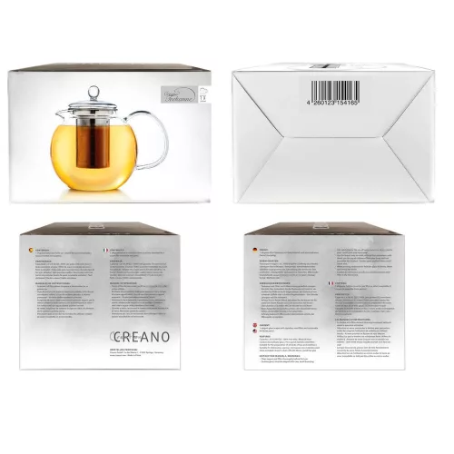 Ceainic din sticla Creano All-in-One, 1,3 L, cu infuzor din inox si capac, anti-picurare