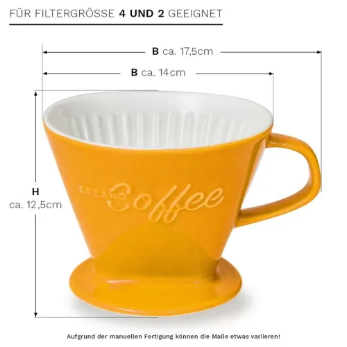 Filtru cafea Creano din portelan, marimea 4, pentru filtre 1x4, baza stabila, galben sofran