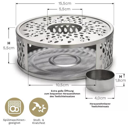Suport incalzire ceainic Creano Leaf, din inox, cu suport pentru lumanare