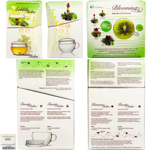 Σετ δώρου ανθιστού τσαγιού Creano Teelini, γυάλινη κούπα 200 ml με καπάκι, 8 φακελάκια πράσινου τσαγιού