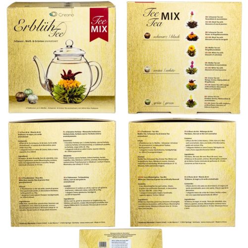 Σετ δώρου ανθιστού τσαγιού Creano με γυάλινη τσαγιέρα 500 ml, 6 ποικιλίες λευκού/πράσινου/μαύρου τσαγιού