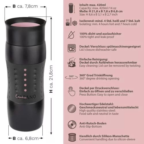 Cana termos Creano Design Travel Mug, 420 ml, inox, etansa, deschidere 360, roz
