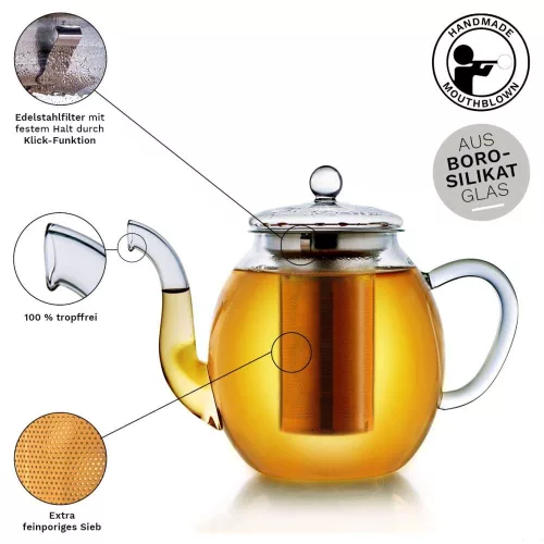 Ceainic din sticla Creano, 1 L, cu infuzor din inox, capac si 2 flori de ceai