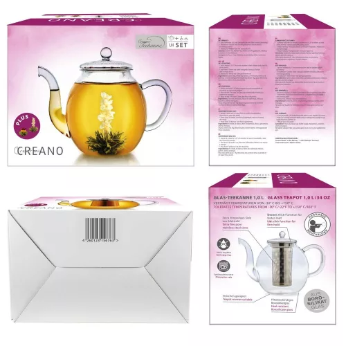 Ceainic din sticla Creano, 1 L, cu infuzor din inox, capac si 2 flori de ceai