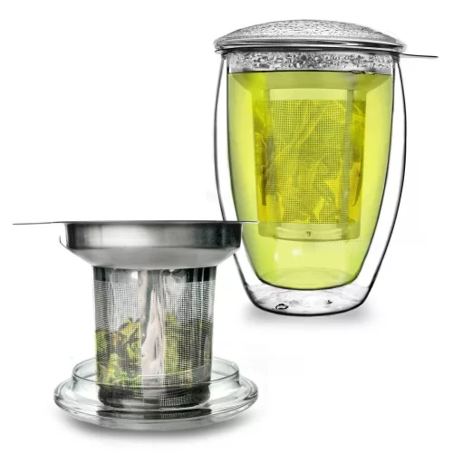 Pahar termic pentru ceai Creano, 400 ml, perete dublu, cu infuzor din inox si capac