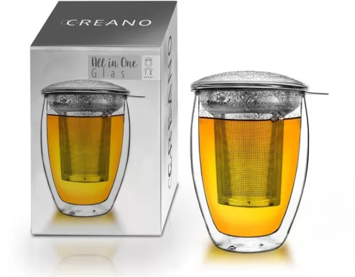 Pahar termic pentru ceai Creano, 400 ml, perete dublu, cu infuzor din inox si capac