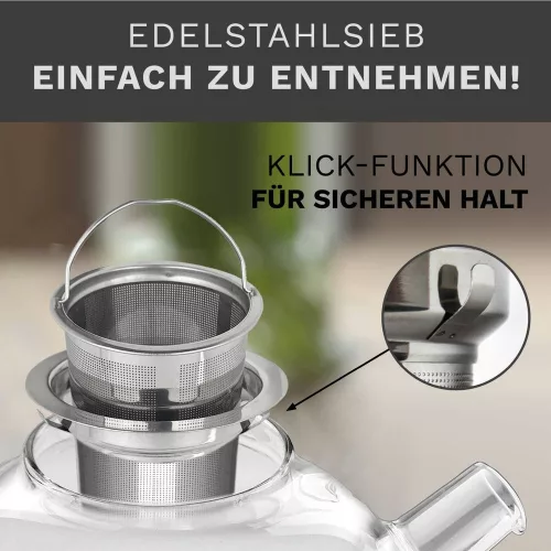 Ceainic din sticla Creano, 1 L, cu sita din inox si capac, pentru ceai vrac