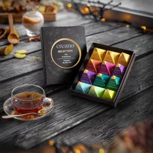 Σετ δώρου βιολογικού τσαγιού Creano Organic Herbal Tea, 12 πυραμιδοειδή φακελάκια, 9 ποικιλίες, 30 g