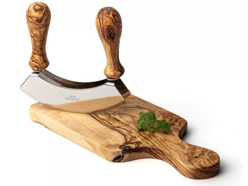 Μαχαίρι mezzaluna για ψιλοκόψιμο, λαβές από ξύλο ελιάς, διπλή ανοξείδωτη λεπίδα, πλάτος 13 cm