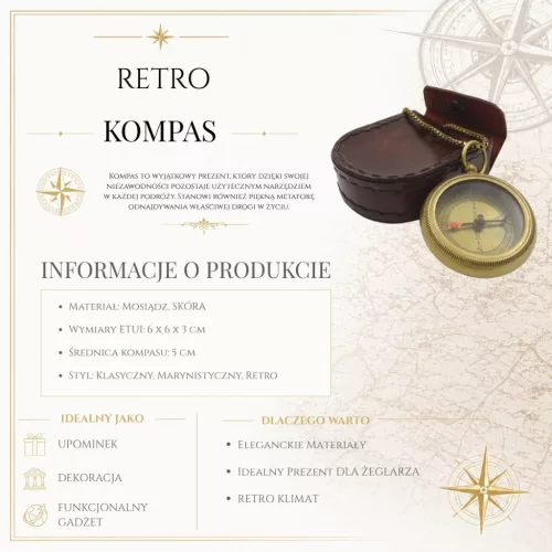 Busolă Giftdeco, alamă și piele, lățime 100 cm, lungime 40 cm, stil retro, clasic