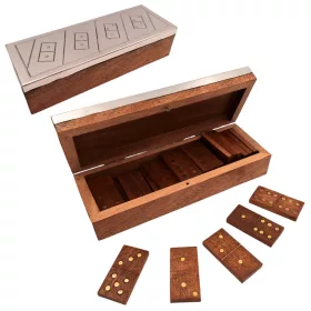   Set domino Giftdeco DO-017, cutie din lemn cu capac din aluminiu, 20,3 x 6 x 4,5 cm