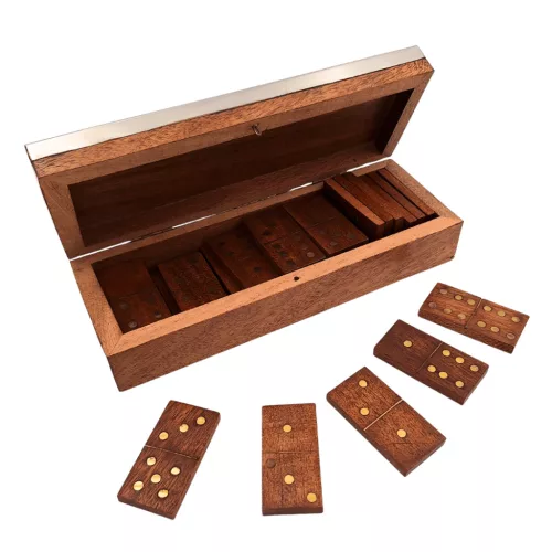Set domino Giftdeco DO-017, cutie din lemn cu capac din aluminiu, 20,3 x 6 x 4,5 cm