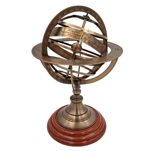 Astrolab sferic decorativ Giftdeco NC1913, sferă armilară din alamă și lemn, 28 cm