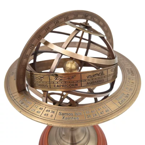 Astrolab sferic decorativ Giftdeco NC1913, sferă armilară din alamă și lemn, 28 cm