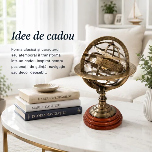 Astrolab sferic decorativ Giftdeco NC1913, sferă armilară din alamă și lemn, 28 cm