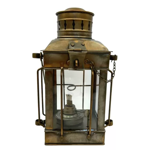 Lampă decorativă Giftdeco LT608 tip felinar marin, oțel și sticlă, 24 cm, finisaj alamă antichizată