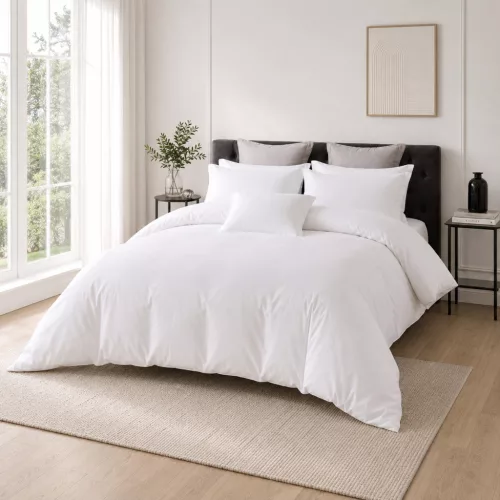 Lenjerie de pat Atria Heaven, 4 piese, 100% bumbac satinat TC300, cearceaf 220x240 cm, husa pilota 180x200 cm, 2 fete perna 50x70+5 cm, alb