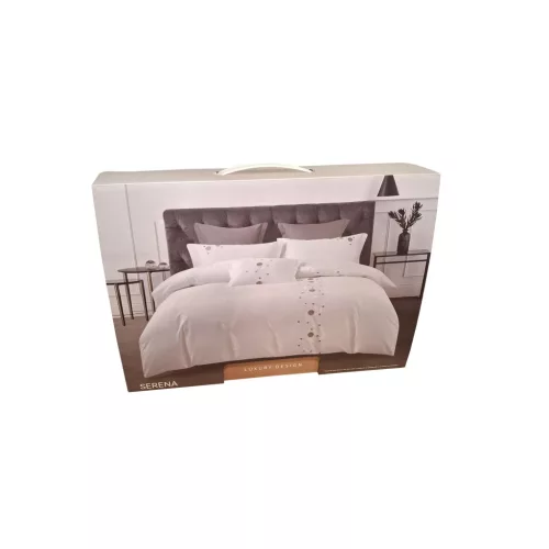 Lenjerie de pat Atria Serena, 4 piese, 100% bumbac satinat TC300, cearceaf 220x240 cm, husa pilota 180x200 cm, 2 fete perna 50x70+5 cm, broderie geometrica, alb
