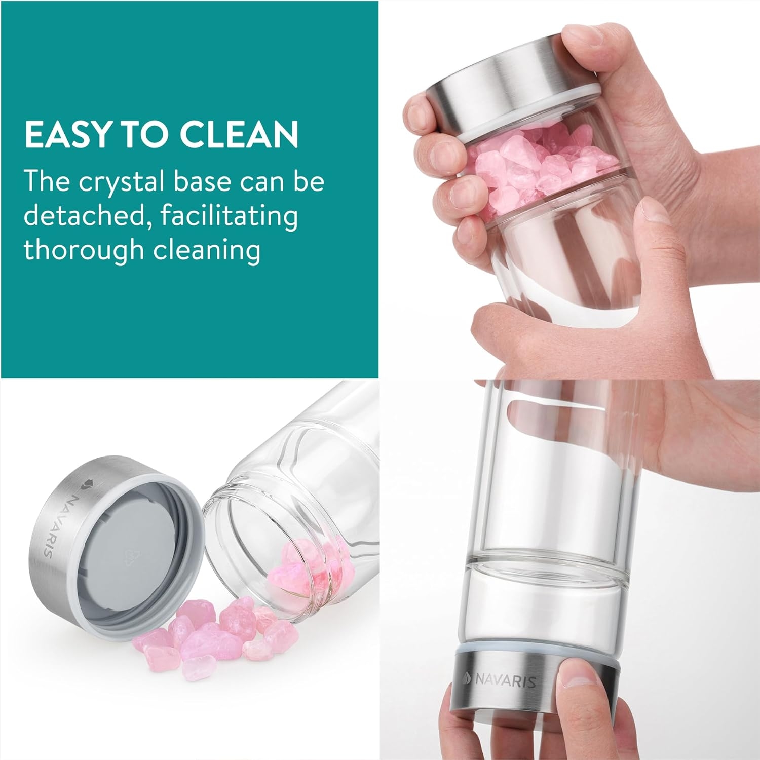 Sticla de ceai Navaris cu pietre semipretioase, infuzor inox, cu capac, 450 ml, 61741.08