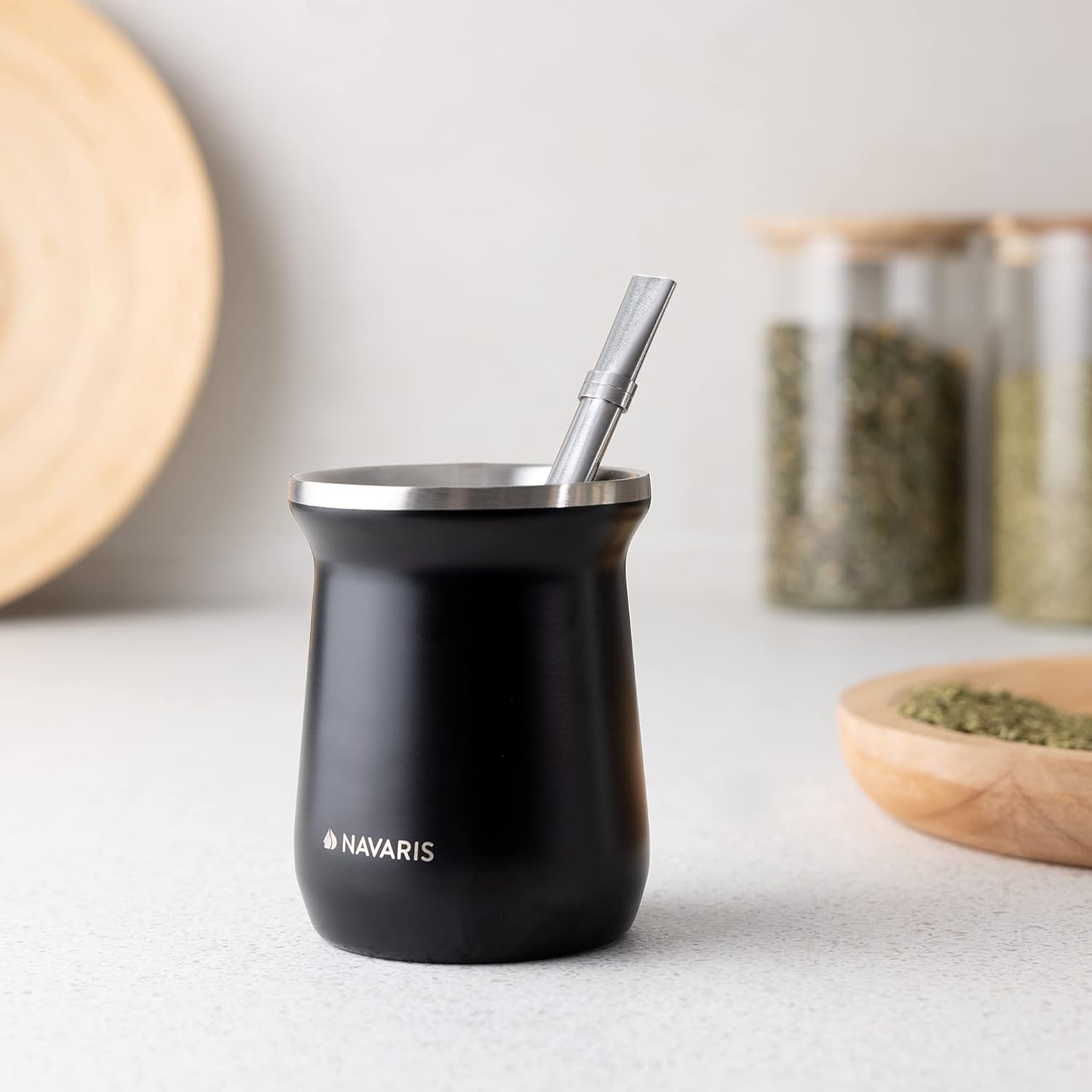 Cana Yerba Mate Navaris, 1 pai, 1 perie, 300 ml, inox, negru, 54274.01.01